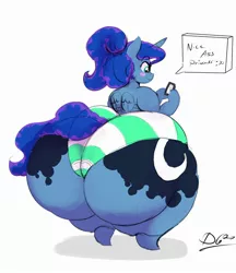 Size: 2500x2900 | Tagged: suggestive, artist:thelunarmoon, derpibooru import, princess luna, alicorn, anthro, unguligrade anthro, alternate hairstyle, arm hooves, blushing, blush sticker, butt, clothes, fat, female, huge butt, impossibly large butt, large butt, moonbutt, panties, phone, solo, solo female, striped underwear, texting, the ass was fat, thighs, thunder thighs, underwear