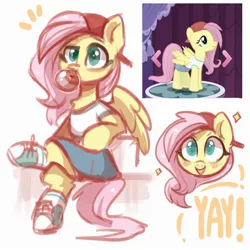 Size: 2000x2000 | Tagged: safe, artist:colorfulcolor233, derpibooru import, fluttershy, pegasus, pony, 90s grunge fluttershy, alternate hairstyle, backwards ballcap, baseball cap, blushing, bubblegum, cap, clothes, converse, crossed legs, cute, female, food, gameloft, gameloft interpretation, grunge, gum, hat, high res, mare, outfit, shirt, shoes, shyabetes, sitting, skirt, socks, solo, t-shirt, white socks, yay