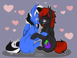 Size: 512x384 | Tagged: safe, artist:martini, derpibooru import, oc, oc:buffonsmash, oc:dicemare, unofficial characters only, pegasus, pony, black, black and red, black and red mane, blue, blushing, colored, couple, crying, cute, ears up, eyes closed, female, gray, green, hair, heart, hug, husband, husband and wife, male, mare, married, pegasus oc, red, shade, shading, signature, simple background, snuggling, stallion, white, wife, wings