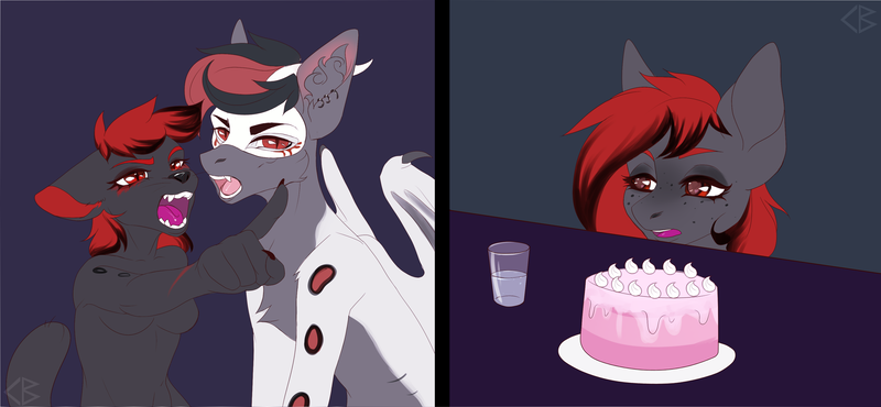 Size: 3572x1652 | Tagged: safe, artist:codyblue-731, derpibooru import, oc, oc:dicemare, unofficial characters only, anthro, cat, dragon, hybrid, pegasus, pony, angry, black, black and red mane, cake, confused, cursed, cursed image, cute, food, funny, furry, fursona, gray, hilarious, mean, meme, monochrome, open mouth, pegasus oc, red, sharp teeth, simple background, table, teeth, upset, water, white, wings, woman yelling at a cat, yelling