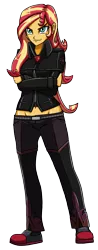 Size: 1128x2891 | Tagged: safe, artist:artemis-polara, derpibooru import, sunset shimmer, equestria girls, alternate hairstyle, belly button, clothes, female, human sunset, jacket, low rise jeans, magical geodes, midriff, pants, simple background, solo, transparent background