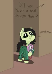 Size: 1000x1414 | Tagged: safe, artist:happy harvey, derpibooru import, oc, oc:anonfilly, oc:jingles, earth pony, pony, bad dream, clothes, clown, clown nose, cutie mark, cutie mark on clothes, doll, doorway, drawn on phone, female, filly, holding, large pupils, looking up, offscreen character, pajamas, teary eyes, toy