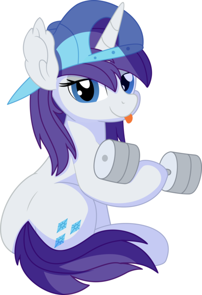 Size: 5471x7982 | Tagged: safe, artist:cyanlightning, derpibooru import, rarity, pony, unicorn, .svg available, absurd resolution, backwards ballcap, baseball cap, cap, dumbbell (object), female, hat, holding, lidded eyes, looking at you, mare, simple background, sitting, solo, tongue out, transparent background, vector