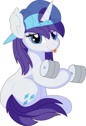Size: 5471x7982 | Tagged: safe, artist:cyanlightning, derpibooru import, rarity, pony, unicorn, .svg available, absurd resolution, backwards ballcap, baseball cap, cap, dumbbell (object), female, hat, holding, lidded eyes, looking at you, mare, simple background, sitting, solo, tongue out, transparent background, vector