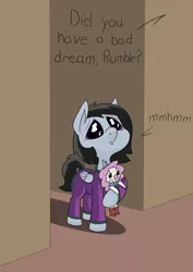 Size: 1000x1414 | Tagged: safe, alternate version, artist:happy harvey, derpibooru import, edit, rumble, oc, oc:jingles, pegasus, pony, alternate hairstyle, bad dream, clothes, colt, daily dose, doll, drawn on phone, holding, large pupils, looking up, male, offscreen character, pajamas, teary eyes, toy