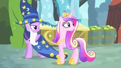 Size: 1920x1080 | Tagged: safe, derpibooru import, screencap, princess cadance, twilight sparkle, twilight sparkle (alicorn), alicorn, pony, three's a crowd, cloak, clothes, costume, duo, fair, fake beard, female, hat, lidded eyes, mare, sisters-in-law, smug, smuglight sparkle, star swirl the bearded costume, wizard hat
