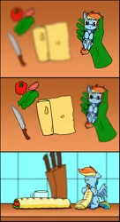 Size: 764x1400 | Tagged: safe, artist:dacaoo, derpibooru import, rainbow dash, oc, oc:anon, human, pegasus, pony, bait and switch, blurred background, comic, everything went better than expected, food, knife, lavash, shawarma, smol, smoldash, tiny, tiny ponies, tomato, vegetables