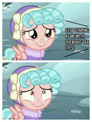 Size: 2522x3326 | Tagged: safe, derpibooru import, edit, edited screencap, screencap, cozy glow, pony, frenemies (episode), all new, and stop staring at me with them big old eyes, cold, cozy glow is best facemaker, discovery family, female, filly, logo, mountain, offscreen character, reference, shrunken pupils, snow, spongebob squarepants, text, your shoe's untied