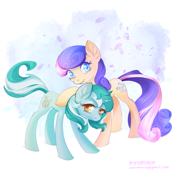 Size: 1200x1200 | Tagged: safe, artist:greyredroy, derpibooru import, bon bon, lyra heartstrings, sweetie drops, earth pony, pony, unicorn, tumblr:bonbonandlyra, background pony, female, lesbian, lyrabon, shipping