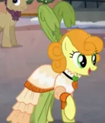 Size: 892x1049 | Tagged: safe, derpibooru import, screencap, carrot top, golden harvest, unnamed character, unnamed pony, earth pony, pony, a hearth's warming tail, butt, clothes, cropped, dress, female, hat, mare, open mouth, solo, solo focus
