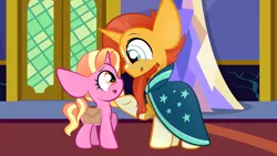 Size: 1920x1080 | Tagged: safe, artist:sugarcloud12, derpibooru import, luster dawn, sunburst, pony, bag, blaze (coat marking), clothes, father and child, father and daughter, female, filly, filly luster dawn, glasses, male, offspring, older sunburst, papa sunburst, parent:starlight glimmer, parent:sunburst, parents:starburst, robe, saddle bag, socks (coat marking), sunburst's glasses, sunburst's robe, twilight's castle