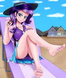 Size: 1700x2000 | Tagged: safe, artist:focusb, derpibooru import, rarity, human, equestria girls, barefoot, beach, beach babe, bikini, bikini babe, clothes, feet, female, fetish, foot fetish, hat, human coloration, humanized, legs, nail polish, sarong, sexy, smiling, solo, sun hat, sunscreen, swimsuit, thighs