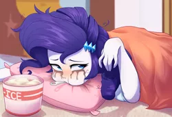 Size: 3200x2191 | Tagged: safe, artist:maren, derpibooru import, rarity, human, equestria girls, blanket, comfort eating, crying, drama queen, eating, female, food, ice cream, makeup, marshmelodrama, mascarity, misleading thumbnail, mouth hold, pillow, rarity being rarity, running makeup, sad, solo, spoon, this will end in weight gain