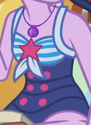 Size: 902x1233 | Tagged: safe, derpibooru import, screencap, sci-twi, twilight sparkle, equestria girls, equestria girls series, friendship math, boobshot, breasts, clothes, cropped, female, geode of telekinesis, jewelry, magical geodes, necklace, sleeveless, solo, swimsuit