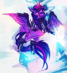 Size: 1000x1100 | Tagged: safe, artist:syntactics, derpibooru import, twilight sparkle, twilight sparkle (alicorn), alicorn, cyborg, pony, armor, cyberpunk, female, flying, glowing horn, horn, rearing, solo, wings