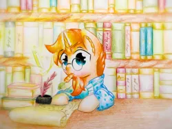 Size: 1920x1440 | Tagged: safe, artist:stardust0130, derpibooru import, sunburst, pony, unicorn, book, bookshelf, carrot, crystal, cute, eating, food, glasses, herbivore, inkwell, magic, male, quill, scroll, solo, stallion, studying, sunbetes