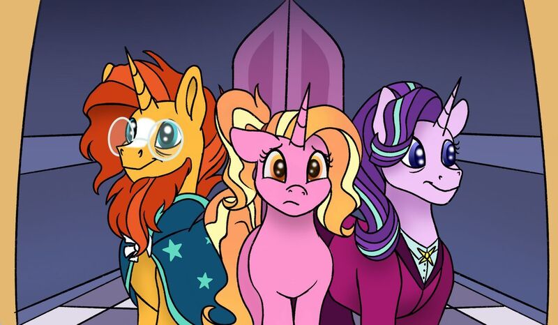 Size: 1280x746 | Tagged: safe, artist:bellbell123, derpibooru import, luster dawn, starlight glimmer, sunburst, pony, unicorn, bags under eyes, blaze (coat marking), clothes, family, father and child, father and daughter, female, glasses, male, mama starlight, mare, mother and child, mother and daughter, older, older starlight glimmer, older sunburst, papa sunburst, robe, shipping, socks (coat marking), stallion, starburst, straight, sunburst's glasses, sunburst's robe, worried