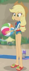 Size: 612x1471 | Tagged: safe, derpibooru import, screencap, applejack, aww... baby turtles, equestria girls, equestria girls series, beach, beach ball, breasts, clothes, cropped, feet, female, geode of super strength, magical geodes, sandals, sideboob, solo, swimsuit, towel