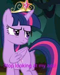 Size: 572x720 | Tagged: safe, derpibooru import, edit, edited screencap, screencap, twilight sparkle, twilight sparkle (alicorn), alicorn, pony, princess twilight sparkle (episode), big crown thingy, butt, caption, crown, element of magic, female, image macro, jewelry, mare, plot, regalia, solo, text, twibutt, vulgar