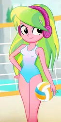 Size: 753x1494 | Tagged: safe, artist:invisibleink, derpibooru import, edit, editor:thomasfan45, lemon zest, human, equestria girls, absurd resolution, ball, bare shoulders, beach, beautiful, beautisexy, clothes, cropped, cute, female, hand on hip, headphones, legs, looking at you, ocean, one-piece swimsuit, outdoors, sand, sexy, sleeveless, smiling, smirk, solo, sports, swimsuit, volleyball, volleyball net, zestabetes