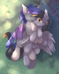 Size: 2400x3000 | Tagged: safe, artist:dreamweaverpony, derpibooru import, oc, unofficial characters only, bat pony, pegasus, pony, cuddling, ear fluff, fangs, gay, gray coat, looking at each other, male, open mouth, smiling, spread wings, unshorn fetlocks, wings