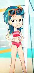 Size: 697x1494 | Tagged: safe, artist:invisibleink, derpibooru import, edit, editor:thomasfan45, indigo zap, human, equestria girls, 2 handfuls of dem hips, absurd resolution, bare shoulders, beach, bedroom eyes, belly button, bikini, clothes, cropped, cute, ear piercing, earring, female, hands on hip, jewelry, looking to side, midriff, ocean, outdoors, piercing, sand, sexy, sleeveless, smiling, solo, sunglasses, sunglasses on head, swimsuit, volleyball net, wristband, zapabetes