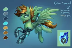 Size: 3000x2000 | Tagged: alicorn, alicorn oc, artist:jedayskayvoker, cyborg, derpibooru import, gradient background, horn, looking up, male, oc, oc:glow speed, reference sheet, safe, solo, unofficial characters only, wings