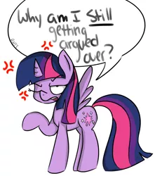Size: 1200x1300 | Tagged: safe, artist:8-blit-poni, derpibooru import, twilight sparkle, alicorn, pony, annoyed, cross-popping veins, cutie mark, dialogue, drama bait, duckery in the comments, female, lifted leg, one eye closed, simple background, solo, speech bubble, white background