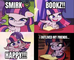 Size: 1013x815 | Tagged: safe, artist:galacticflashd, derpibooru import, rarity, twilight sparkle, twilight sparkle (alicorn), alicorn, pony, unicorn, my little pony: pony life, book, bookhorse, bookworm, caption, cute, cutie mark, female, happy, heart, image macro, immortality blues, implied immortality, library, mare, meme, reading, sad, smiling, smirk, smuglight sparkle, solo, text, that pony sure does love books, twilight's castle, wings