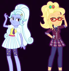 Size: 683x707 | Tagged: safe, artist:sarahalen, derpibooru import, applejack, sugarcoat, equestria girls, friendship games, alternate hairstyle, alternate outfits, alternate universe, blouse, clothes, crystal prep academy uniform, crystal prep shadowbolts, cute, duo, female, frown, glasses, hairclip, hand behind back, leggings, legs, looking at each other, necktie, rivals, school uniform, skirt