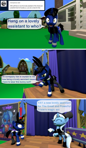 Size: 1024x1750 | Tagged: safe, artist:out-buck-pony, derpibooru import, trixie, oc, pony, unicorn, 3d, bowtie, bunny suit, clothes, comic, female, magician outfit, male, mare, rule 63, source filmmaker, stage, stallion