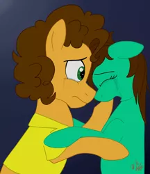 Size: 1442x1672 | Tagged: safe, artist:hufflepuffrave, derpibooru import, cheese sandwich, oc, oc:pencil sketch, earth pony, pony, canon x oc, comforting, crying, female, gradient background, male, shipping, straight