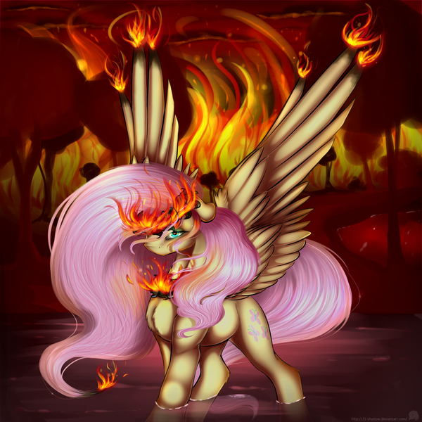 Size: 2000x2000 | Tagged: safe, artist:11-shadow, derpibooru import, fluttershy, pegasus, pony, badass, female, fire, flutterbadass, forest, forest fire, solo, tree