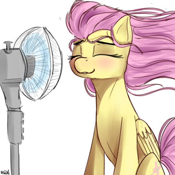 Size: 2000x2000 | Tagged: safe, artist:nixworld, derpibooru import, fluttershy, pegasus, pony, blushing, cute, electric fan, eyes closed, fan, female, shyabetes, simple background, sitting, smiling, solo, white background, wind, windswept mane