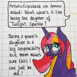 Size: 1080x1080 | Tagged: safe, artist:galaxy.in.mind, derpibooru import, oc, oc:velvet spark, unofficial characters only, pony, unicorn, ask, bust, eyes closed, female, glasses, graph paper, horn, magical lesbian spawn, mare, offspring, open mouth, parent:tempest shadow, parent:twilight sparkle, parents:tempestlight, solo, traditional art, unicorn oc
