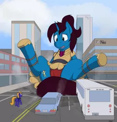 Size: 4561x4724 | Tagged: suggestive, artist:rapidstrike, derpibooru import, oc, oc:altus bastion, oc:ribbon step, oc:star bright, unofficial characters only, pony, unicorn, absurd resolution, armor, building, bus, car, city, commission, giant pony, macro, open mouth, street