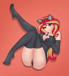 Size: 2003x2192 | Tagged: suggestive, artist:anonix123, derpibooru import, sunset shimmer, cat, equestria girls, big breasts, bra, breasts, cat ears, cat tail, catgirl, clothes, evening gloves, female, gloves, high res, human coloration, long gloves, looking at you, nyanset shimmer, red background, sexy, simple background, solo, solo female, stupid sexy sunset shimmer, underwear
