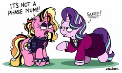 Size: 1024x619 | Tagged: safe, artist:bobthedalek, derpibooru import, luster dawn, starlight glimmer, pony, unicorn, the parent map, angry, clothes, female, headmare starlight, here we go again, history repeats itself, it runs in the family, it's a phase, it's not a phase, like mother like daughter, like parent like child, mama starlight, mother and child, mother and daughter, mothers gonna mother, older, older starlight glimmer, punk, punk dawn, smug