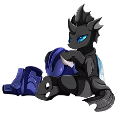 Size: 3030x2800 | Tagged: armor, artist:pridark, blue eyes, changeling, changeling oc, cloth, commission, derpibooru import, helmet, high res, oc, oc:captain black lotus, polishing, safe, simple background, sitting, solo, towel, transparent background, unofficial characters only