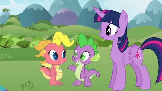 Size: 640x360 | Tagged: safe, artist:dre higbee, derpibooru import, spike, twilight sparkle, twilight sparkle (alicorn), alicorn, dragon, pony, baby, baby dragon, cassie (dragontales), crossover, cute, dragon tales, dragoness, female, male, mare, smiling, spikabetes, standing, trio, twiabetes, waving, wingless spike