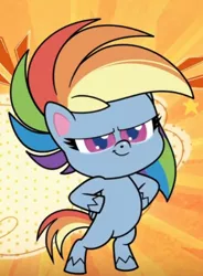 Size: 384x523 | Tagged: safe, derpibooru import, screencap, rainbow dash, pony, my little pony: pony life, the mysterious voice, spoiler:pony life s01e20, spoiler:pony life s01e33, bipedal, cropped, female, hooves on hips, mare, pose, proud, smiling, solo