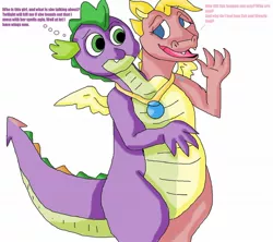 Size: 1280x1139 | Tagged: artist:mojo1985, cassie (dragontales), conjoined, derpibooru import, dialogue, dragon, dragoness, dragon tales, duo, female, fusion, male, multiple heads, safe, simple background, spell gone wrong, spike, two-headed dragon, two heads, wat, white background, winged spike