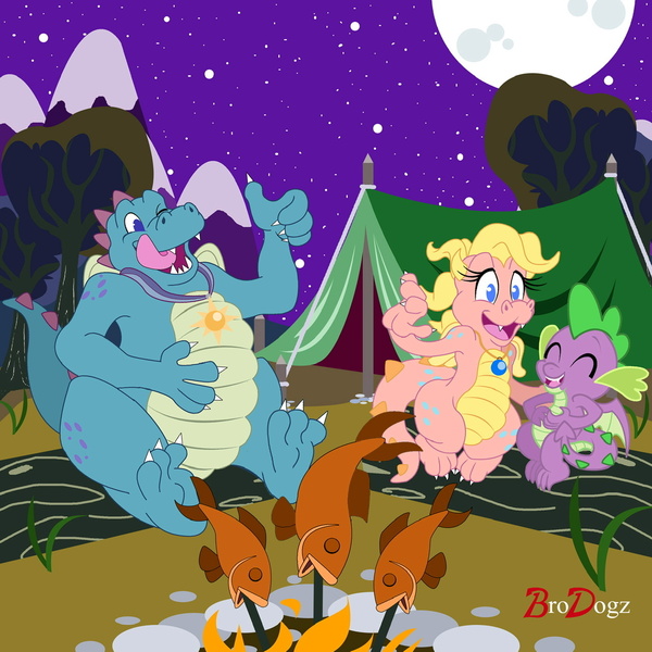 Size: 1280x1280 | Tagged: safe, artist:brodogz, derpibooru import, spike, dragon, fish, camping, campsite, cassie (dragontales), commission, cooking, cute, dead, dragon tales, dragoness, eyes closed, female, fire, male, moon, night, night sky, one eye closed, ord, signature, sky, spikabetes, tent, tongue out, trio, winged spike