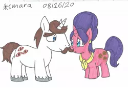 Size: 1290x894 | Tagged: safe, artist:cmara, derpibooru import, cookie crumbles, hondo flanks, pony, unicorn, cookieflanks, facial hair, female, male, mare, moustache, shipping, simple background, stallion, straight, traditional art, unshorn fetlocks, white background