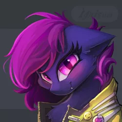 Size: 2000x2000 | Tagged: safe, artist:ignis, derpibooru import, oc, oc:presh twirl, bat pony, pony, bust, clothes, coat, cyberpunk, portrait, simple background, solo