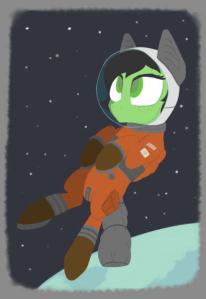 Size: 1345x1952 | Tagged: safe, artist:enragement filly, derpibooru import, oc, oc:anonfilly, pegasus, pony, astronaut, female, filly, floating, helmet, simple background, solo, space, spacesuit