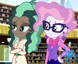 Size: 1280x1050 | Tagged: safe, artist:rjp.rammy, derpibooru import, minty mocha, raspberry latte, equestria girls, bedroom eyes, belt, book, clothes, coat, duo, ear piercing, earring, equestria girls-ified, female, freckles, glasses, jewelry, library, piercing, shirt, skirt, sweater, vest