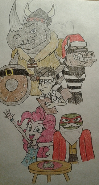 Size: 817x1526 | Tagged: safe, artist:jebens1, derpibooru import, cranky doodle donkey, pinkie pie, human, rhinoceros, bebop, christmas, frown, hat, holiday, not amused face, raphael, robber, rocksteady, santa hat, silly songs, singing, teenage mutant ninja turtles, traditional art, veggietales, viking, warthog