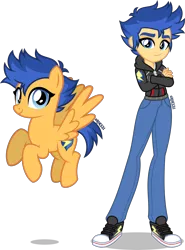 Size: 2956x4000 | Tagged: safe, artist:orin331, derpibooru import, flash sentry, pegasus, pony, equestria girls, alternate hairstyle, clothes, converse, crossed arms, equestria guys, female, flare warden, flying, hoodie, human ponidox, jeans, mare, pants, raised hoof, raised leg, rule 63, self paradox, self ponidox, shirt, shoes, simple background, smiling, smirk, sneakers, t-shirt, tomboy, transparent background