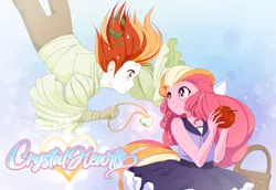 Size: 1280x882 | Tagged: safe, artist:happypaca, derpibooru import, oc, oc:comet radiance, oc:honeycrisp blossom, equestria girls, abstract background, apple, basket, clothes, dress, duo, falling, female, food, jewelry, looking at each other, male, necklace, offspring, parent:big macintosh, parent:princess cadance, parents:cadmac